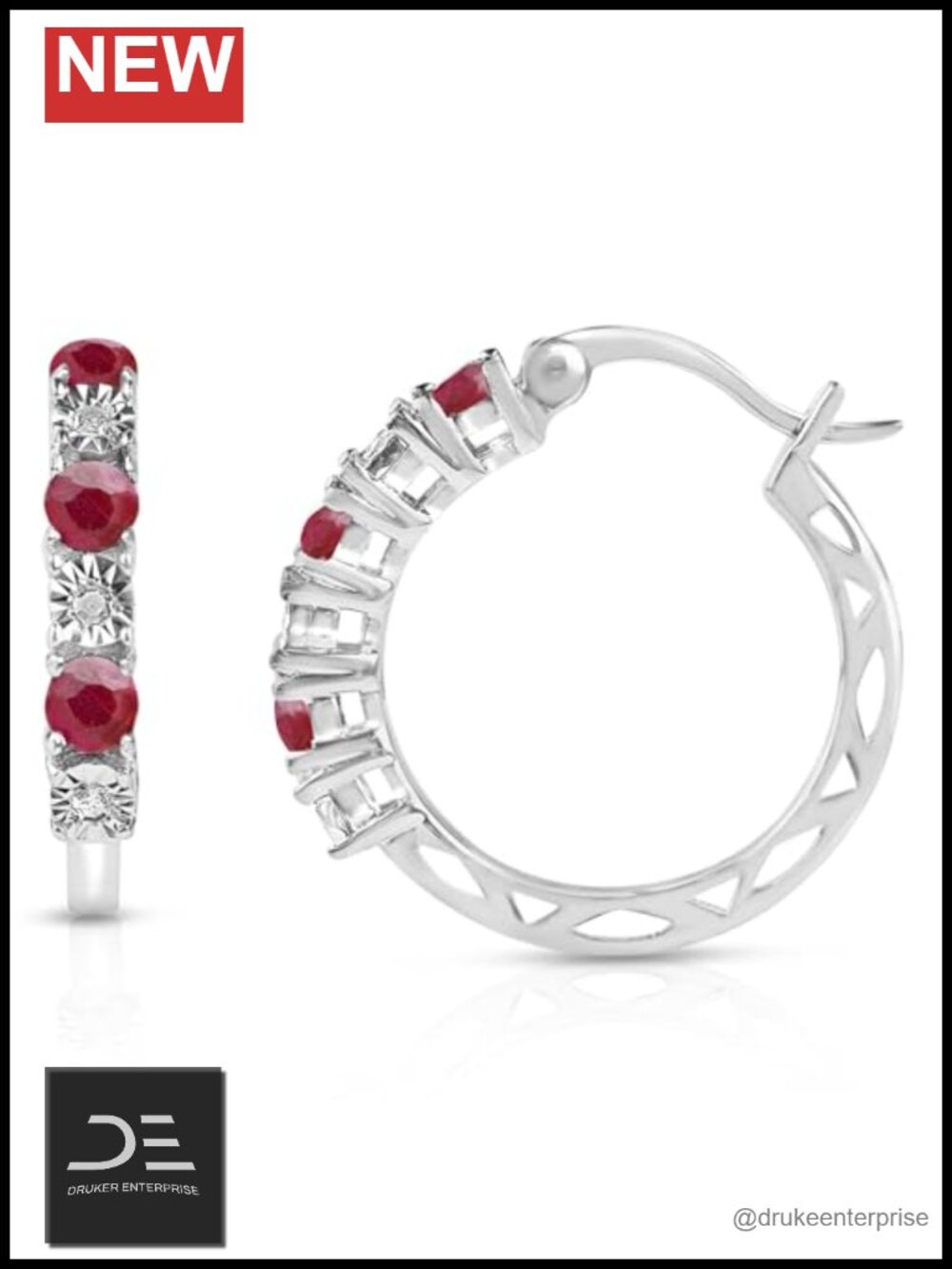 925 Sterling Silver 21mm Real Diamond & Ruby Hoop Earrings Women Hypoallergenic